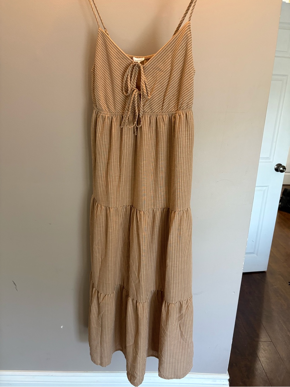 Blu Pepper Beige Striped Tie-Front Tiered Maxi Dress